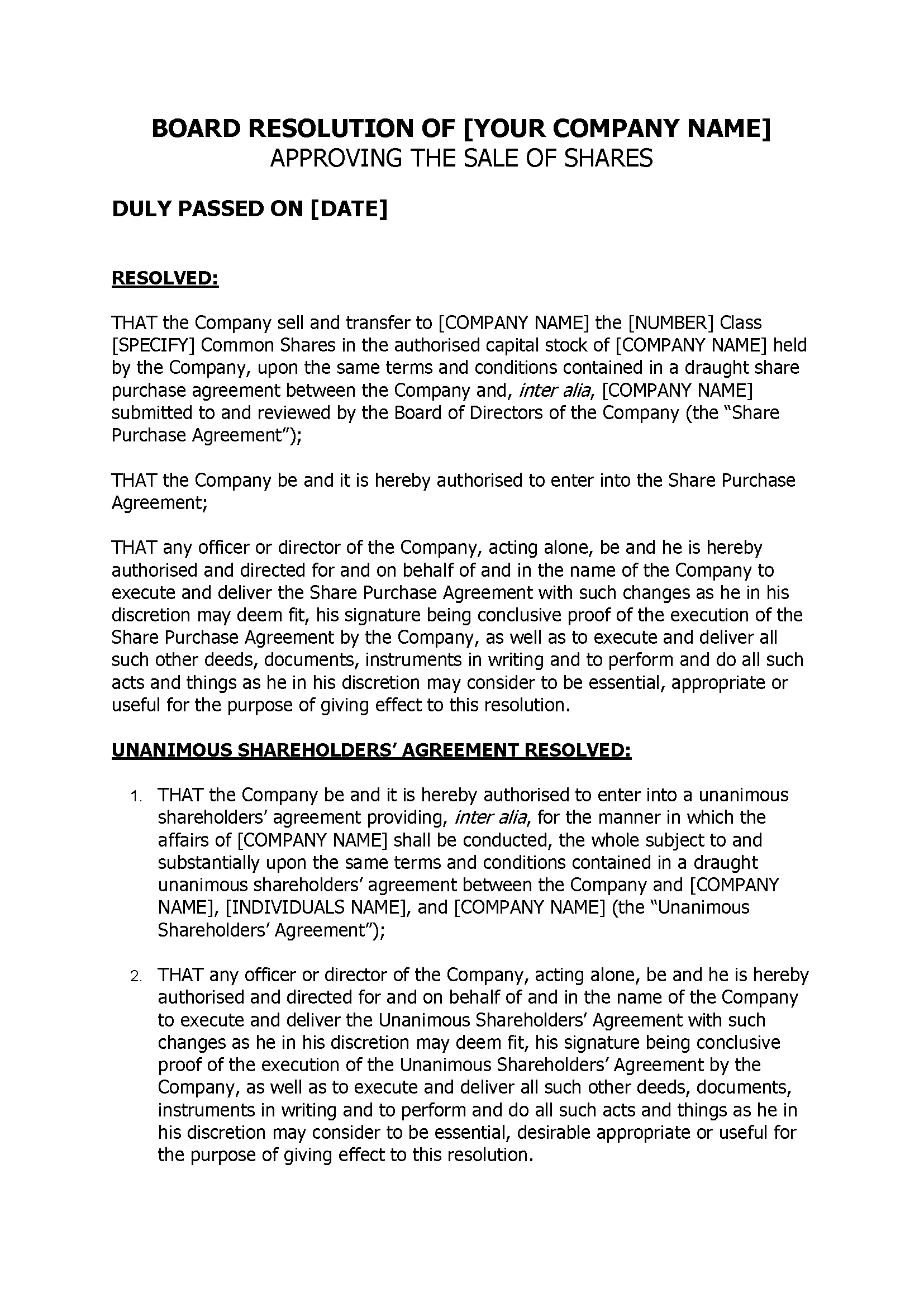 Board Resolution Of [Your Company Name] Approving The Sale Of Shares